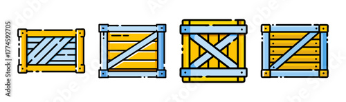Set of four vector crates with wood and metal accents