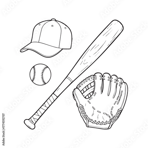Baseball Equipment Line Art. Coloring page vector illustration of a bat, ball, glove, and cap. Sports icon set.
