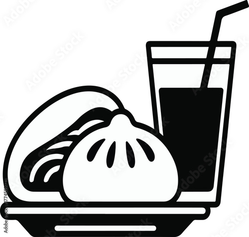 Black and white illustration of vegetable bun with a glass of juice perfect food combo