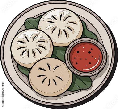 Chinese steamed bun traditional food illustration served with savory dipping sauce