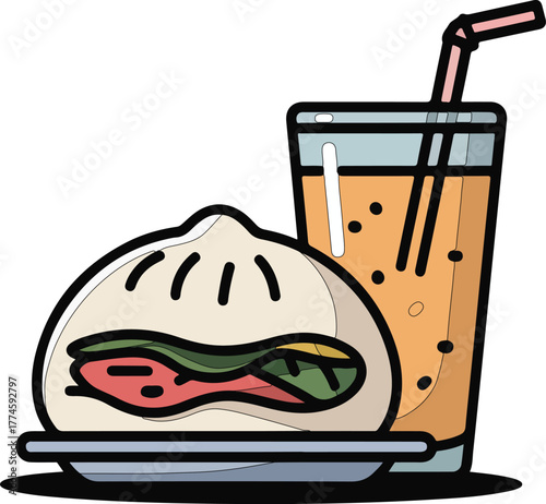 Chinese bun with fresh vegetables and drink food combo illustration