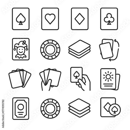 Playing card icons linear set. featuring spade, heart, diamond, club, joker, chips, deck, shuffle, hold, draw