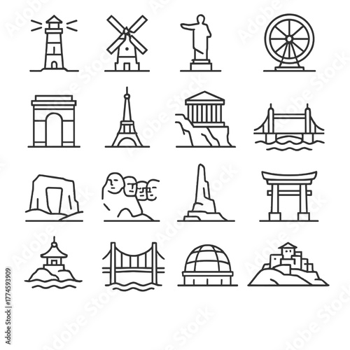 World landmarks linear icon set. featuring lighthouse, windmill, statue, and ferris wheel symbols
