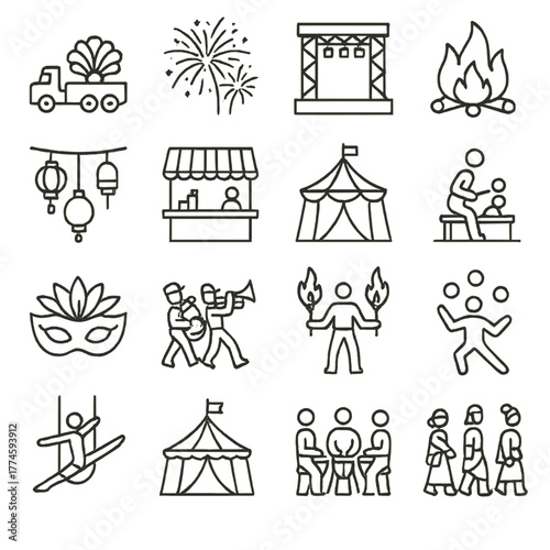 Carnival linear icon set. featuring parade, fireworks, stage, bonfire, lanterns, kiosk, tent, and performers.