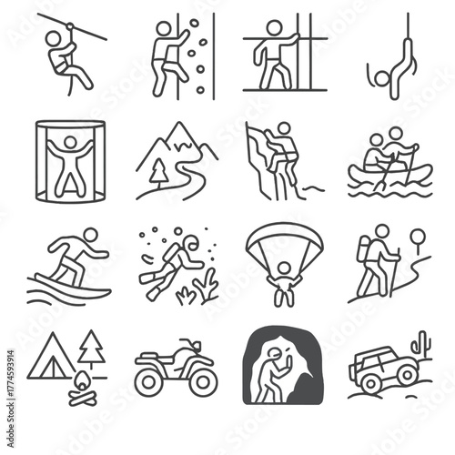 Outdoor adventure linear icon set. featuring rock climbing, hiking, rafting, skiing, and camping symbols