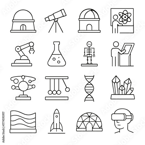 Science and technology linear icons set. featuring telescope, atom, robot, dna, and virtual reality symbols