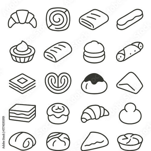 Pastry silhouette icon set. featuring croissant, roll, pie, macaron, cookie, and doughnut symbols