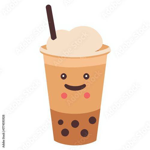 Smiling Cup of Bubble Tea with Chubby Straw and Tapioca Pearls | Cute Kawaii Boba Tea Illustration with Happy Face | Adorable Bubble Tea Cup Filled with Pearls | Charming Cartoon Milk Tea with Cute