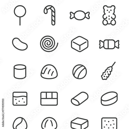 Candy and sweets linear icon set. featuring lollipop, candy cane, gummy bear, chocolate bar, jelly bean, and marshmallow icons