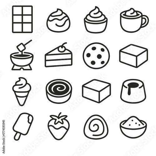 Dessert linear icons set. featuring chocolate, cake, ice cream, pudding, muffin, and fondue symbols