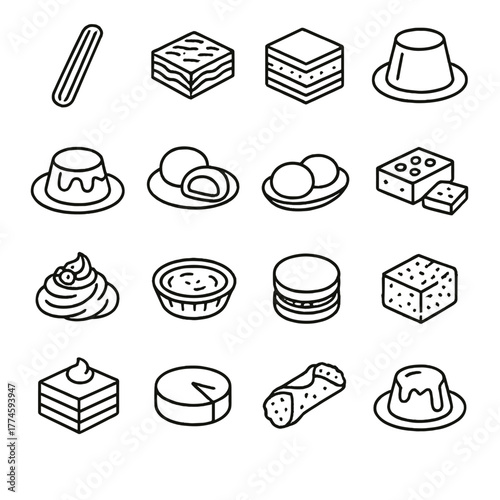 Italian desserts linear icon set. featuring tiramisu, panna cotta, cannoli, gelato, zeppole, biscotti, and cassata.