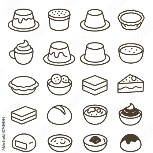 Dessert linear icon set. featuring cake, pie, pudding, muffin, custard, tart, cookie, and cupcake icons