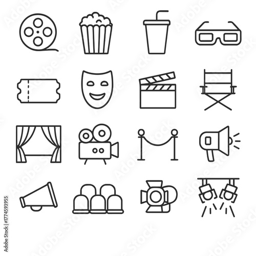 Cinema linear icon set. featuring film reel, popcorn, drink, 3d glasses, ticket, and director symbols