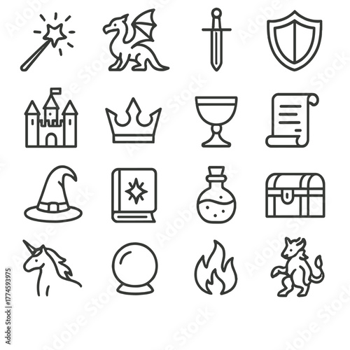 Fantasy adventure linear icon set. featuring wand, dragon, sword, shield, castle, crown, and chalice symbols