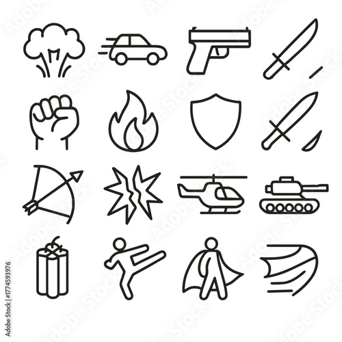 Combat and defense linear icon set. featuring explosion, car, gun, knife, fist, fire, shield, bow, star, helicopter