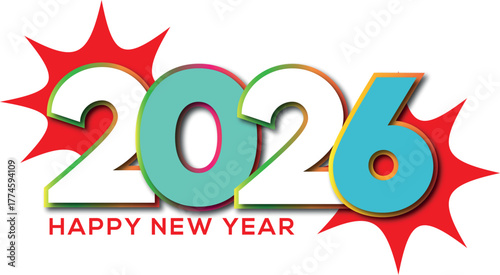 Vibrant and festive 2026 new year graphic with explosive starbursts and celebratory text