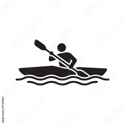 Kayaking icon, person paddling in kayak, water sport pictogram symbol, rowing vector illustration.
