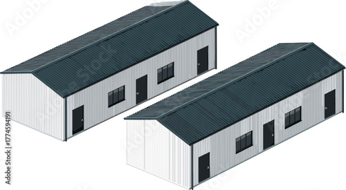 Isometric warehouse buildings set, industrial storage units with metal roofs, steel structure factory sheds, realistic 3D architecture design for logistics and construction visualization