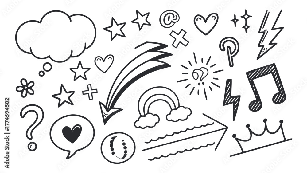 Fototapeta premium Mega Doodle Element Pack: Hand Drawn Arrows, Crown, Music Note, and Social Icons Sketch Vector
