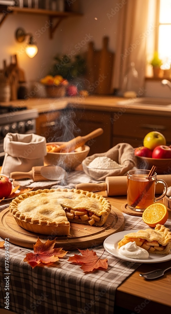 Naklejka premium Delicious apple pie on a wooden table with fall harvest elements