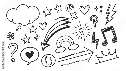 Mega Doodle Element Pack: Hand Drawn Arrows, Crown, Music Note, and Social Icons Sketch Vector