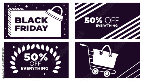 Exclusive Black Friday Sale Banners Set: 50% Off Discount Templates with Shopping Cart & Bag