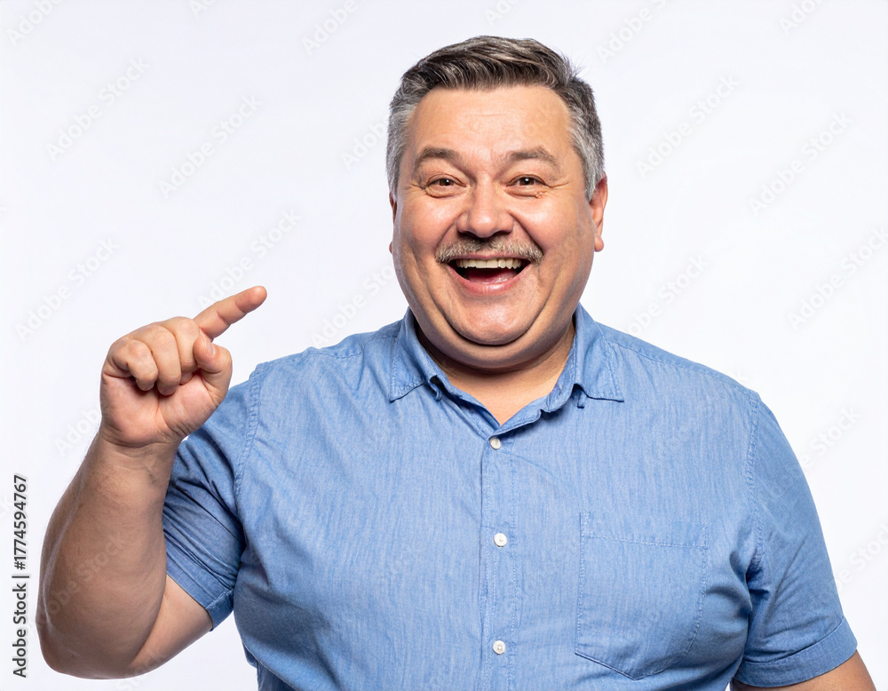 Fototapeta premium Happy person smiling and pointing finger