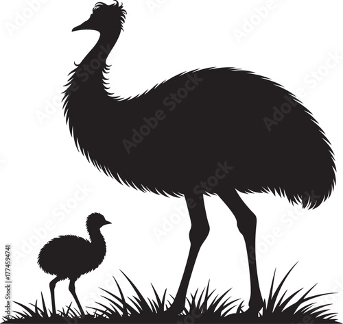 A black and white silhouette illustration of an emu with its chick