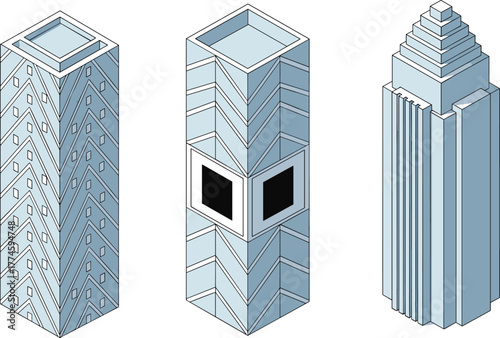 Modern skyscraper illustration, futuristic architecture, isometric building design, urban skyline, high-rise tower art, geometric patterns, architectural 