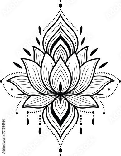 Lotus Flower Mandala – Black and White Symmetrical Vector Illustration with Ornamental Petals, Dots, and Teardrop Accents