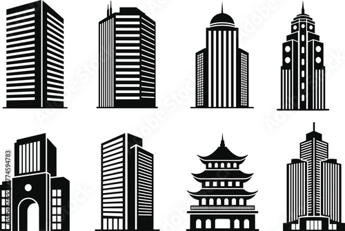 modern building silhouette collection, skyscraper architecture vector set, city skyline design illustration, black and white urban tower icons, contemporary office construction 