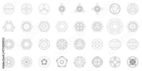 A symmetrical arrangement of geometric diamond shapes resembles mechanical fasteners like nuts and screws on a hard surface. The composition features varying sizes and colors for visual impact.