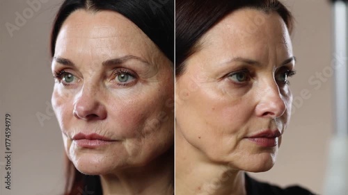 Skincare treatment result comparison woman face showing before and after rejuvenation