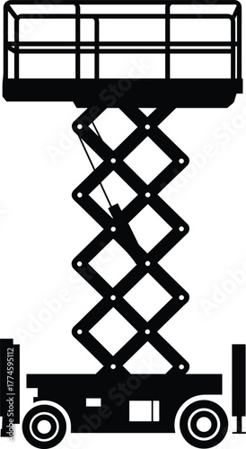 Scissor lift silhouette, industrial equipment, aerial platform, maintenance tool, construction machinery, safety gear, elevation system, black icon, vector illustration, mobile lift