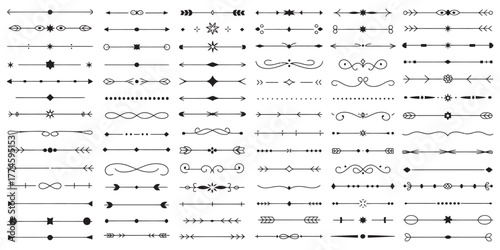 A large set of black and white line drawing ornamental page dividers