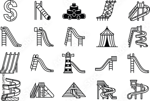 Playground slide icon set, amusement park elements, spiral and tube slides, outdoor recreation, summer fun, linear style vector, entertainment and adventure illustration