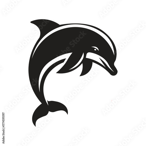 Black and white dolphin logo design, minimalist marine animal silhouette for branding, tattoo, or icon. Vector illustration on white background