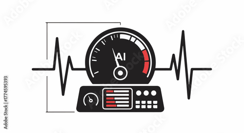 Artificial intelligence performance gauge with vital sign waveform, symbolizing AI health and progress.