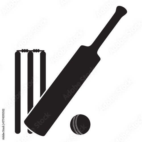 Striking black and white silhouette icon of cricket equipment