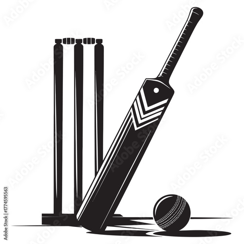 Cricket Equipment Bat, Ball, and Wickets Silhouette Illustration