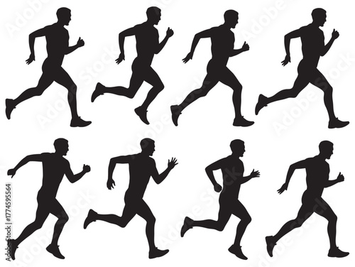 A Set of Eight Black Silhouettes of Runners in Motion