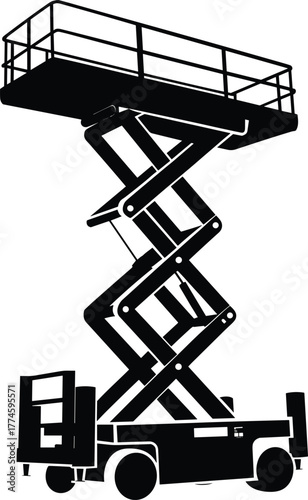 Silhouette of scissor lift, industrial equipment, aerial platform, maintenance tool, construction machinery, vector illustration, safety gear, elevation system, black icon