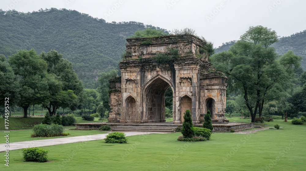 Fototapeta premium Ancient stone structure in lush green park with transparent background