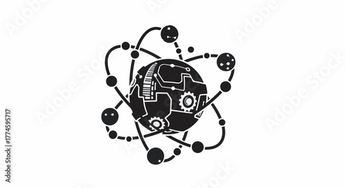 Abstract digital globe with orbiting particles representing global connectivity and technology