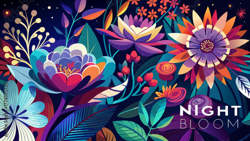 Very beautiful abstract floral background titled “Night Bloom,” featuring vibrant flowers and dark contrasting tones, perfect for Mother’s Day designs and overlaying text.