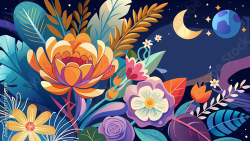 Very beautiful abstract floral background titled “Night Bloom,” featuring vibrant flowers and dark contrasting tones, perfect for Mother’s Day designs and overlaying text.