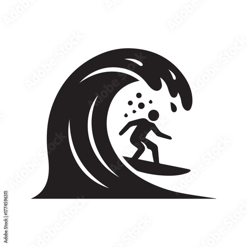 Surfer icon riding a giant ocean wave, extreme water sport pictogram, surfing silhouette.
