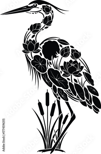 Elegant heron floral silhouette design illustration pattern