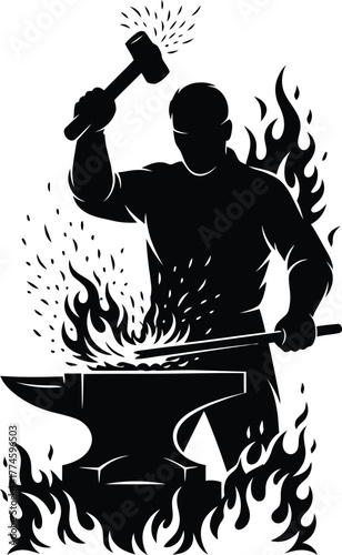 Blacksmith working with hammer and anvil on fire