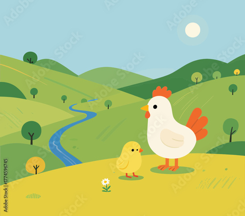 Colorful mother hen with chick on green hillside, flat cartoon illustration